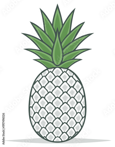 Stylized vector drawing of a pineapple fruit with diamond pattern and green leaves on the top