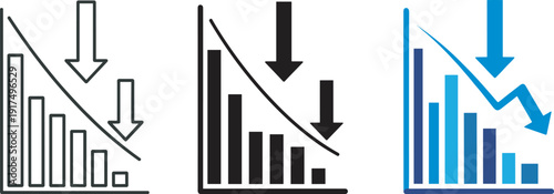 Stylized declining bar chart with downward arrows in black and blue variations, representing business loss, economic downturn, financial decrease, and negative performance analysis design