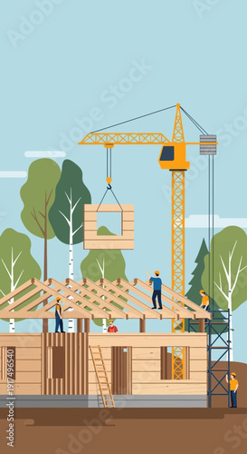 Construction of a wooden house with a crane and workers, showing the building process
