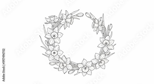 Delicate outline wreath of spring daffodils and buds on white background
