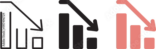 Three stylized declining bar chart icons with downward arrows in black outline, solid black, and red variations, symbolizing financial loss, business decrease, and negative performance analysis