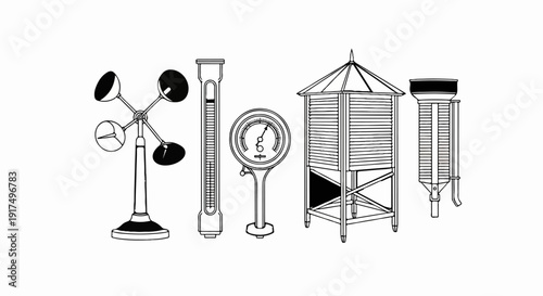 Collection of scientific weather measuring instruments in outline