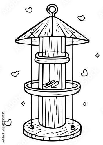 Hand drawn wooden bird feeder with seeds and hearts coloring book page illustration