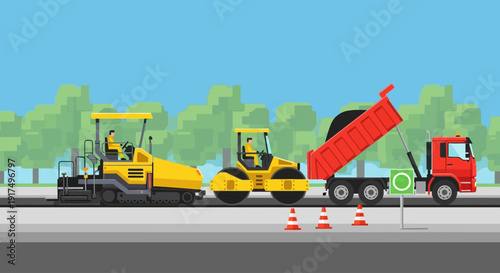 Road Construction with Asphalt Paver, Roller, and Dump Truck on a Sunny Day