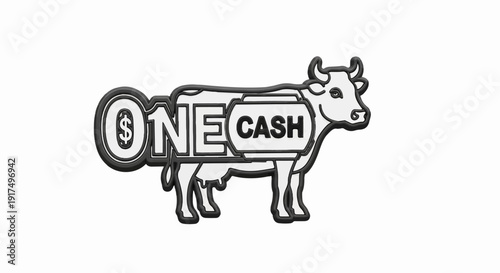 Cartoon cow with "ONE CASH" text on its body