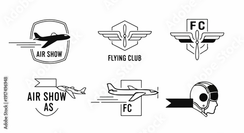 Collection of vintage aviation emblems and illustrations for a flying club or air show