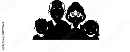 Cartoon illustration of a happy multigenerational family grandparents and two children