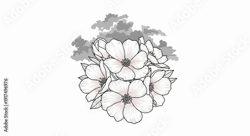 Delicate white flowers with subtle pink hues cluster beneath grey, abstract shapes