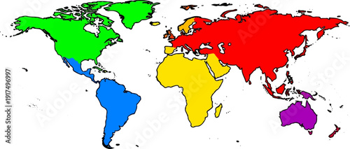 Color-coded continents on a world map showing geographical regions