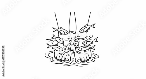 Cartoon illustration of feet in water with small fish nibbling toes