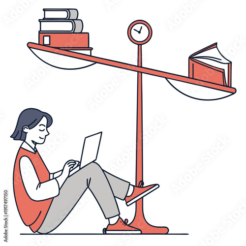 A woman balancing school and work on a giant scale