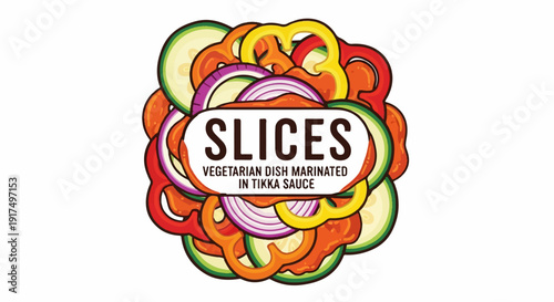 Colorful sliced vegetables arranged in a circular pattern with text