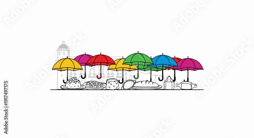 Colorful umbrellas shelter a variety of food items in front of a sketched building