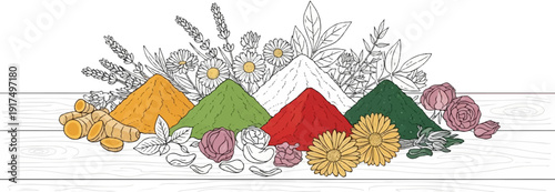 Colorful spice mounds and herbs arranged with flowers on a wooden surface