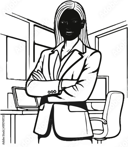 Confident businesswoman in suit stands with arms crossed in office