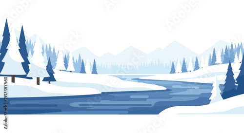 A serene winter landscape featuring snow covered trees mountains and a winding river on transparent background silhouette high quality professional detailed modern