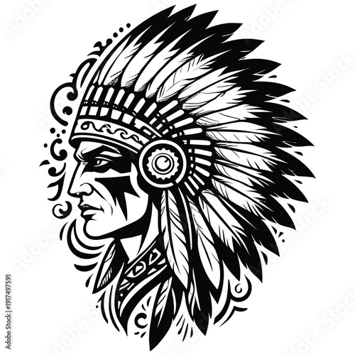 Stylized Indigenous Chief with Ornate Feathered Headdress