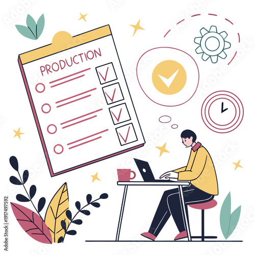 A man sitting at a desk with a productivity checklist