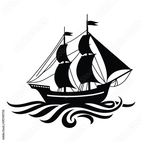 Black Silhouette of a Sailing Ship on Ocean Waves