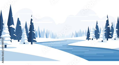 A serene winter landscape featuring snow covered trees and a winding river presented as a silhouette on transparent background high quality professional