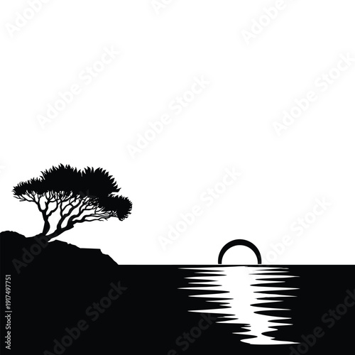 Serene Bonsai Tree Silhouette with Sunset Reflection