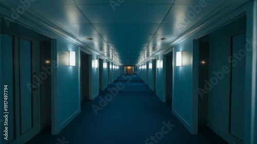Illuminated hotel corridor leading to a distant light, creating a strong vanishing point perspective with numerous doors lining the structured blue internal pathway