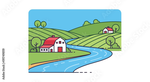 A vibrant countryside scene with a winding river two houses and green fields presented as a silhouette on transparent background