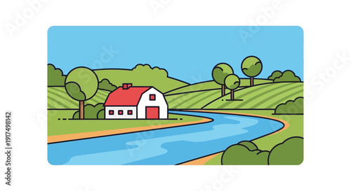 A charming countryside landscape with a red barn winding river and rolling hills presented as a silhouette on transparent background
