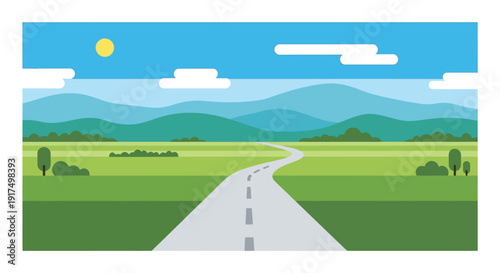 A vibrant landscape scene with a winding road mountains and a bright sun on transparent background silhouette high quality professional detailed