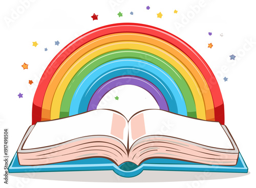 Open Book with Rainbow Above and Colorful Stars Floating Around Educational Graphic Design Children Literature Reading and Storytelling