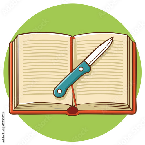 Open hardcover book with lined pages and a carving knife in a round green vignette background, cartoon style illustration, education concept