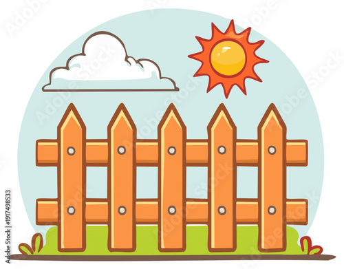 Simple cartoon illustration of a wooden picket fence in a backyard on a sunny day