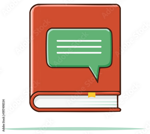 Red book with green message bubble and yellow bookmark illustration for education or communication