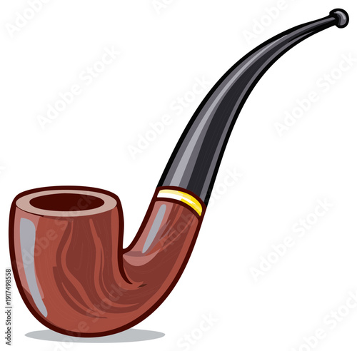 Classic brown wooden smoking pipe with black stem and gold band vintage style illustration