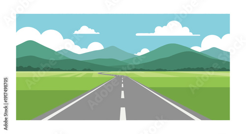 A scenic country road winds through green hills and under a blue sky with fluffy clouds on transparent background silhouette