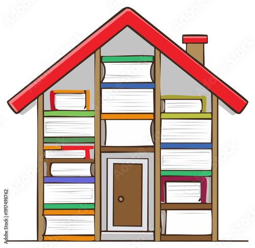 House shaped bookshelf filled with books forming a unique architectural design