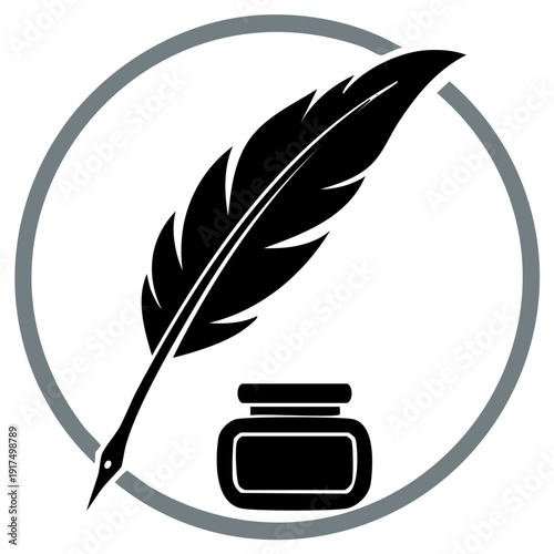 Traditional black quill pen and inkwell symbol within a grey circle, representing writing and history.