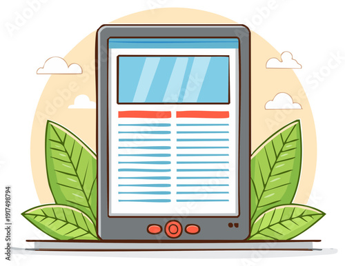 Illustration of a digital tablet with screen, leaves and clouds, abstract concept