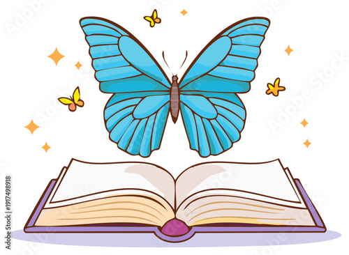 Open book with blue butterfly emerging and small yellow butterflies around with sparkle accents