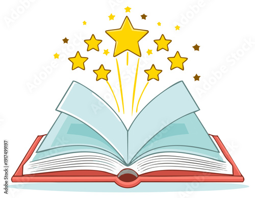 Magical open book with sparkling stars, symbolizing knowledge, imagination, and storytelling