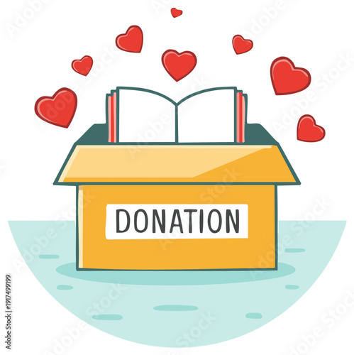 Donation box with books, surrounded by hearts, charity and kindness themed vector illustration