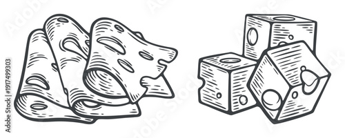 Two types of cheese presentation, slices and cubes, hard swiss cheese serving, engraving isolated