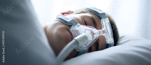 Person using CPAP machine for sleep therapy.