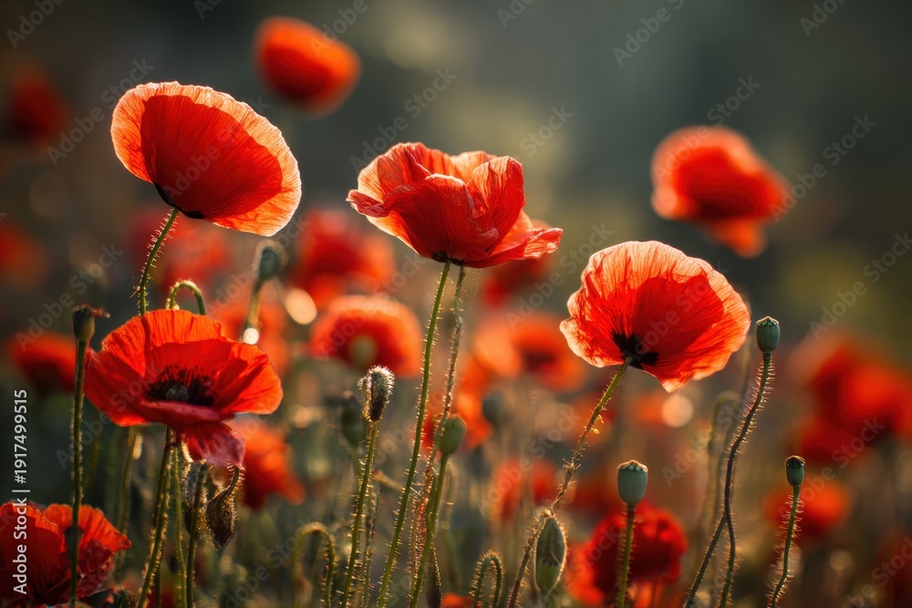 Obraz premium Bright red poppies grow in a vast field as the sun sets, casting warm light. The flowers sway gently in the breeze, showing their beauty and fullness in the soft evening glow