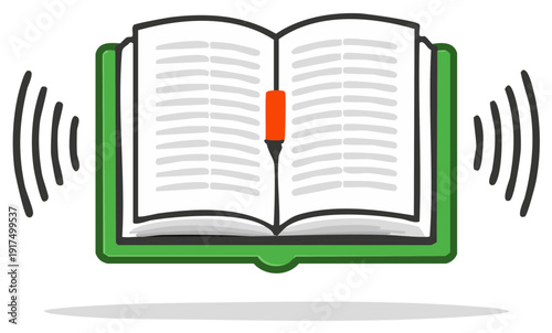 Audiobook illustration showcasing a book with sound waves emitting from sides