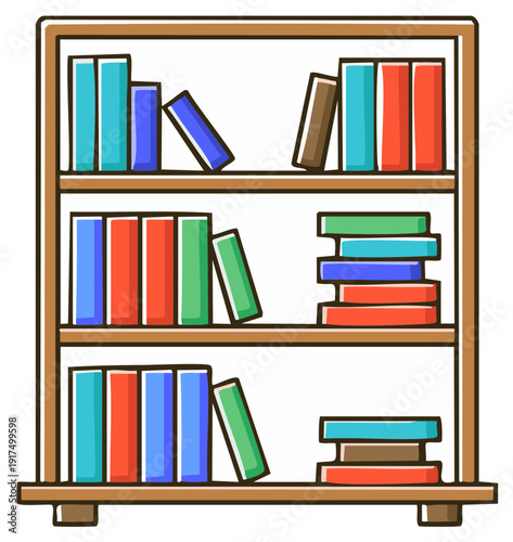 Whimsical cartoon bookcase with colorful books arranged on wooden shelves, for education, learning.