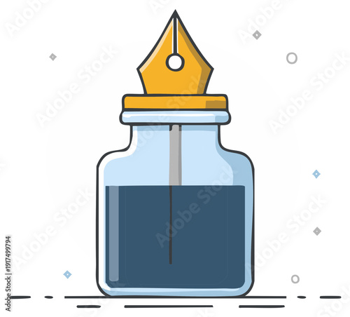 Illustration of inkwell with blue ink and golden pen, creative writing graphic, stationery