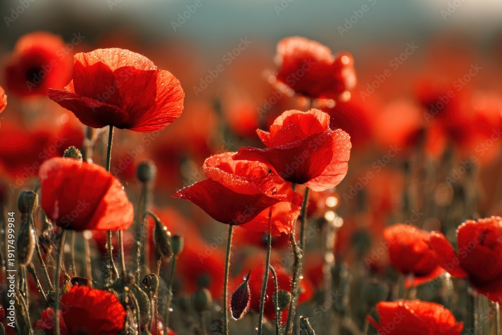 Fototapeta premium Bright red poppies grow in a vast field as the sun sets, casting warm light. The flowers sway gently in the breeze, showing their beauty and fullness in the soft evening glow
