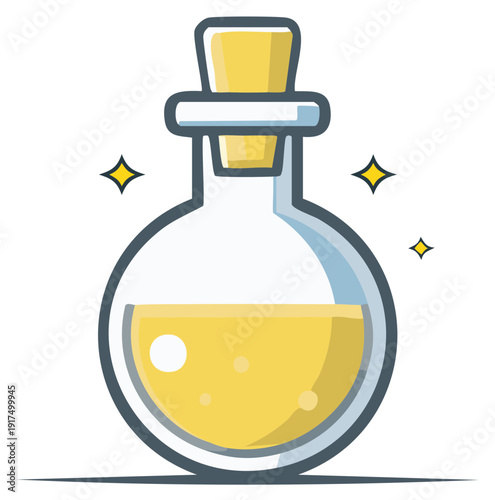 Cartoon magic potion bottle with cork and bubbles for witchcraft or fantasy games