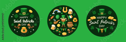 3 Round Saint Patrick Day web banners on dark green background. Holiday greeting card. Hand drawn vector illustration.